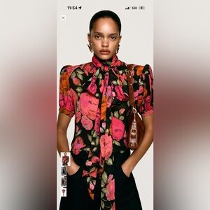 Willy Chavarria x Zara Black Floral Tie-Neck Puff Sleeve Blouse